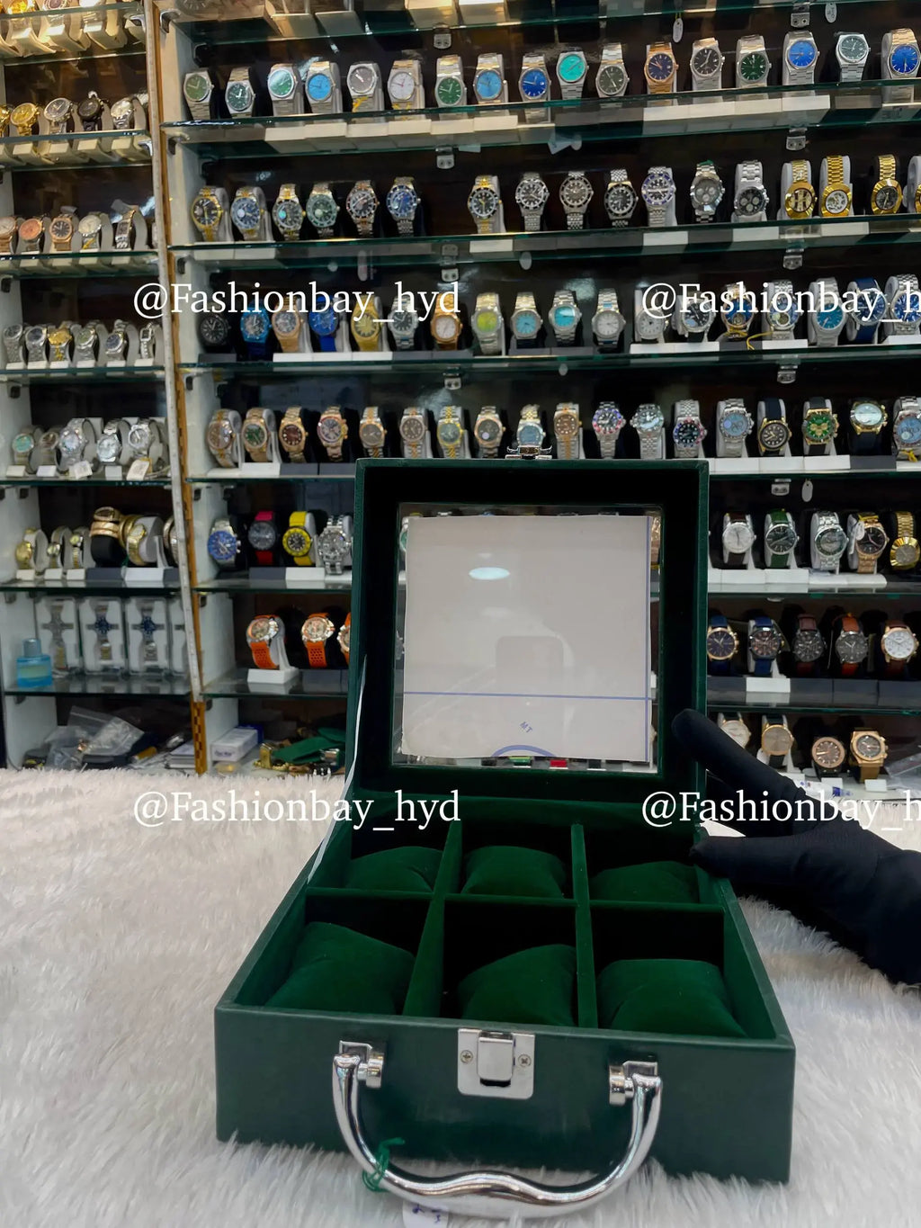 6pc square watch organizer briefcase in green leather
