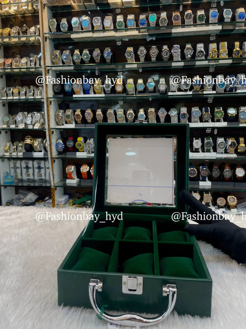 6pc square watch organizer briefcase in green leather
