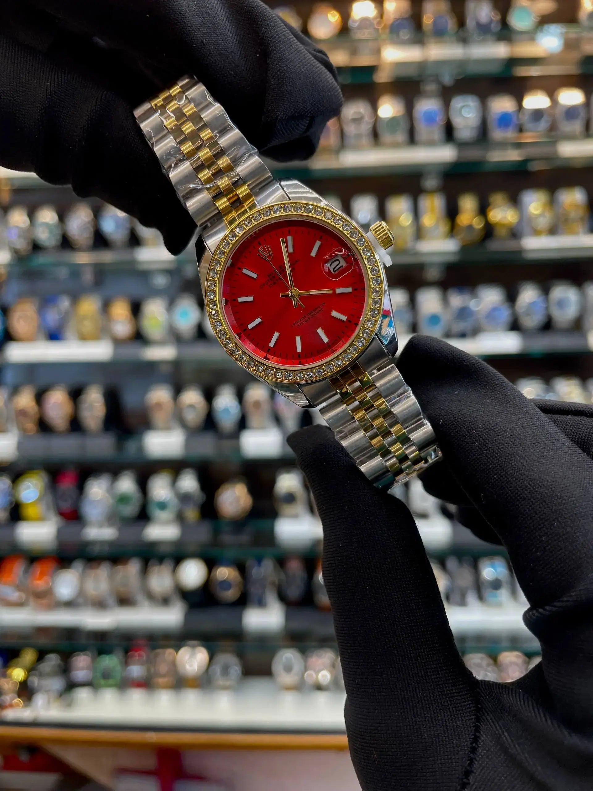 Rolex date just for girls under budget gold dial dual tone red dial