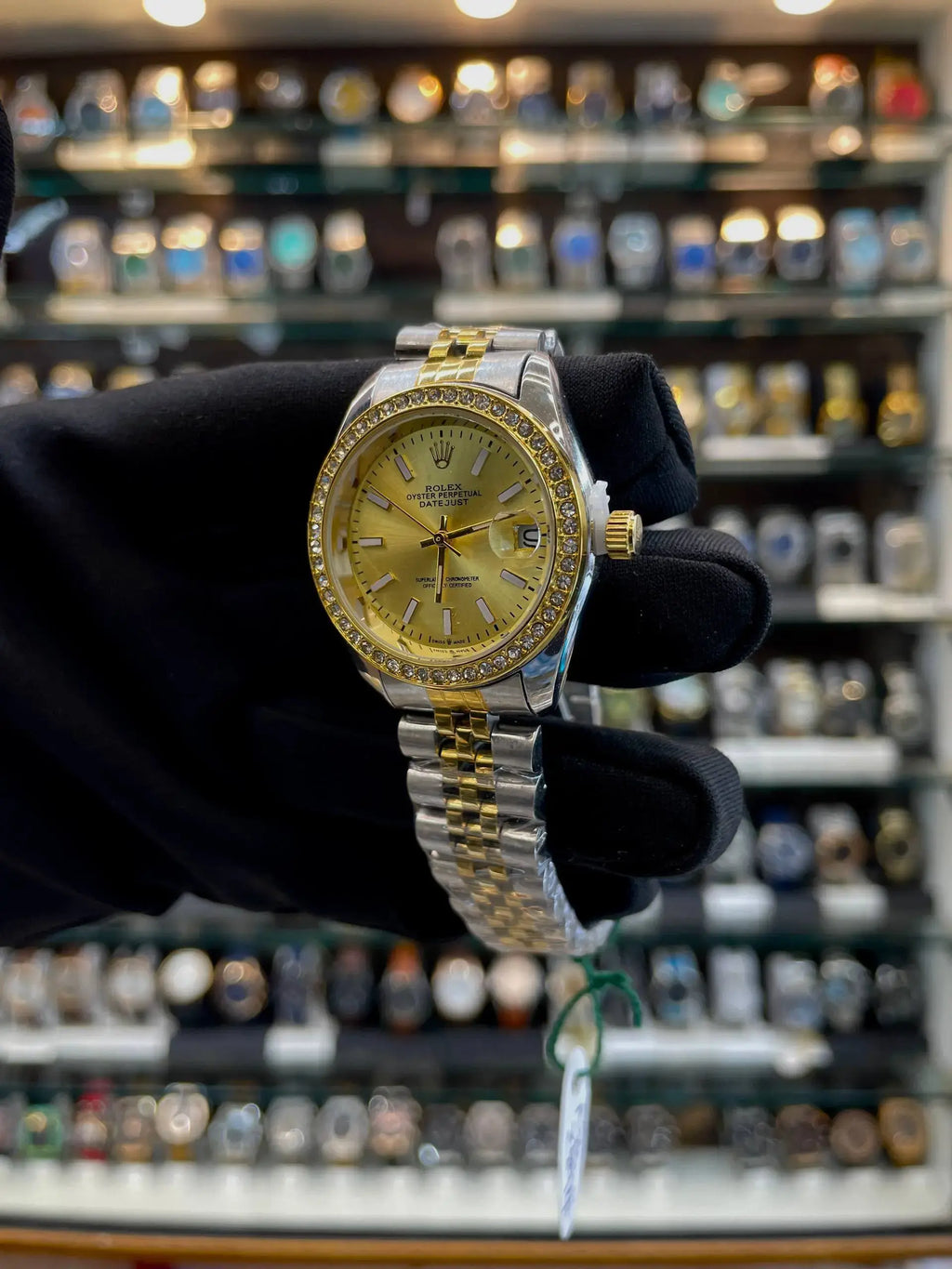 Rolex date just for girls under budget gold dial dual tone