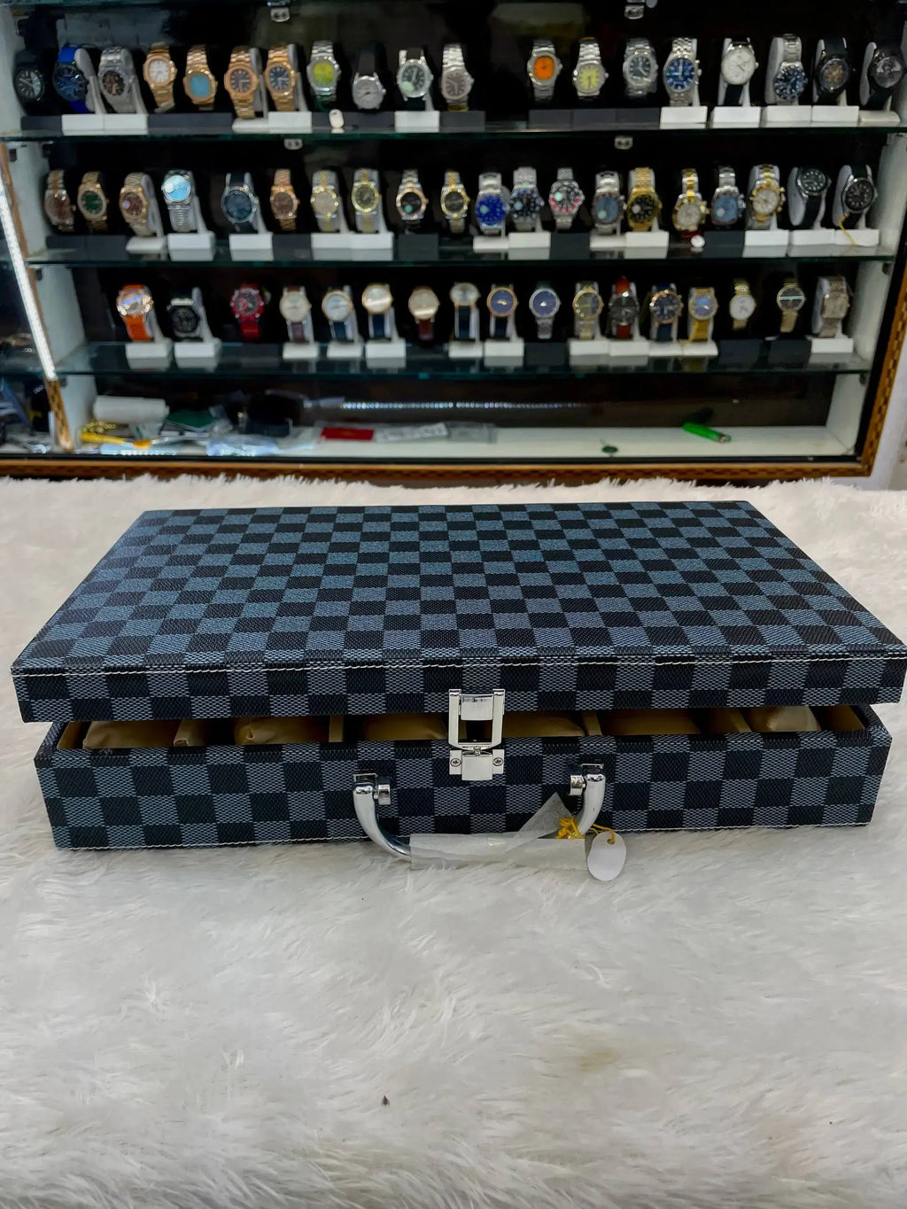 12pc briefcase watch organiser faux blue leather checkered body