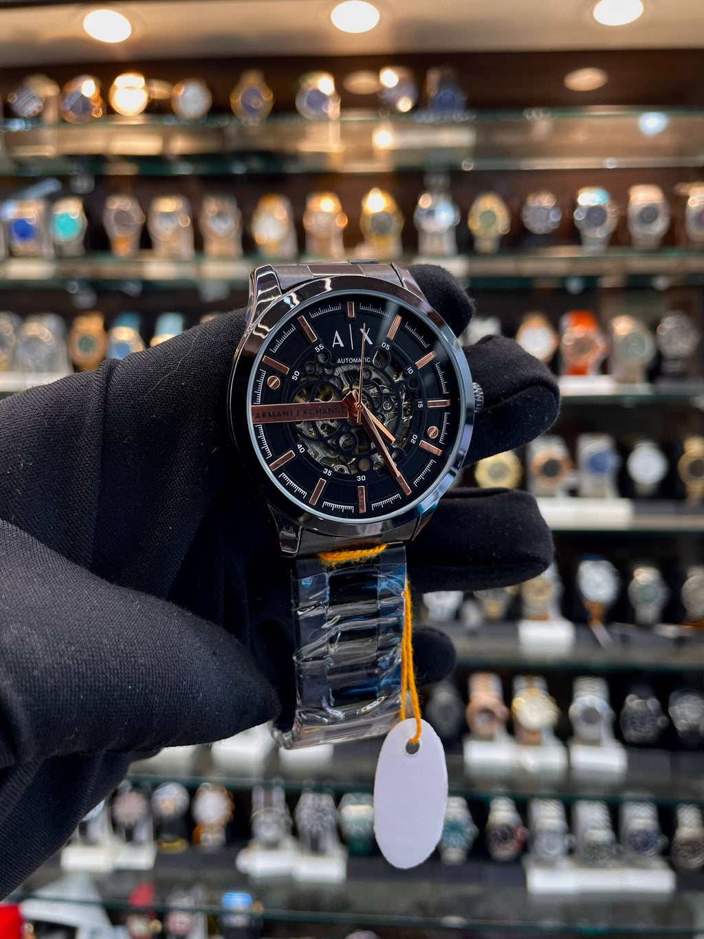 Armani Exchange automatic black watch close up