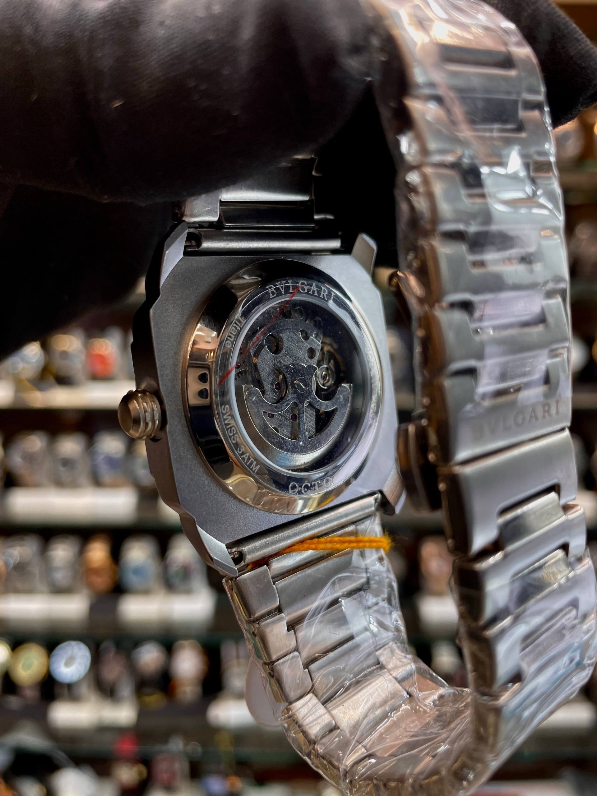 Bvlgari matte grey green skeleton watch backview