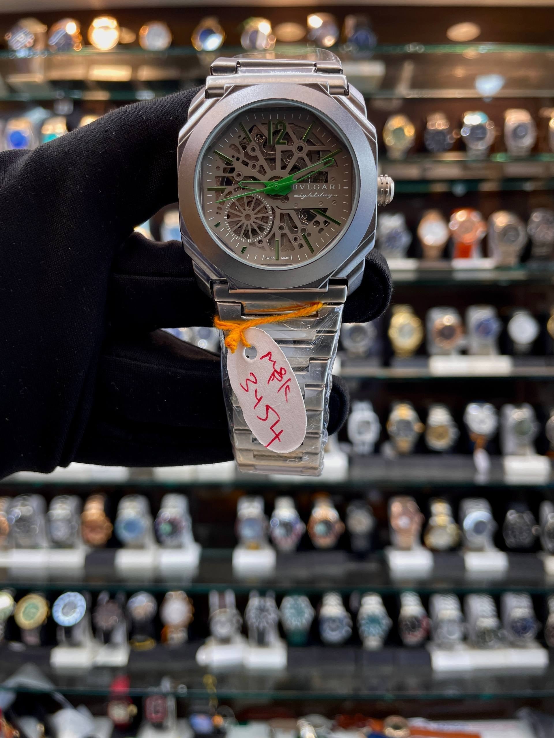 Bvlgari Octo Finissimo skeleton matte grey green watch front view
