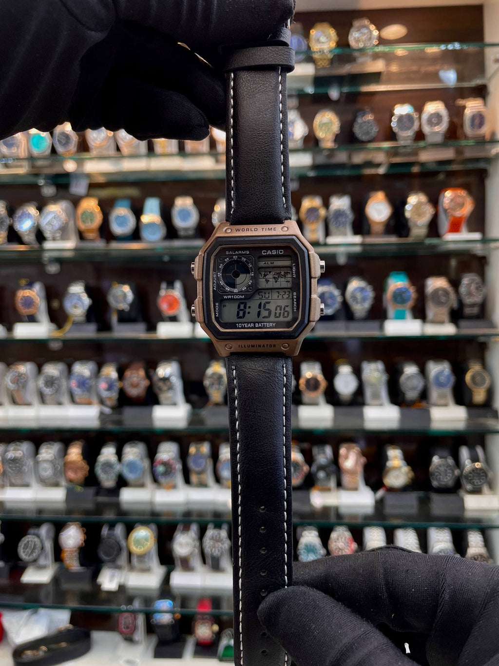 Casio AE-1200WH-1A World Dial black leather watch for men front view