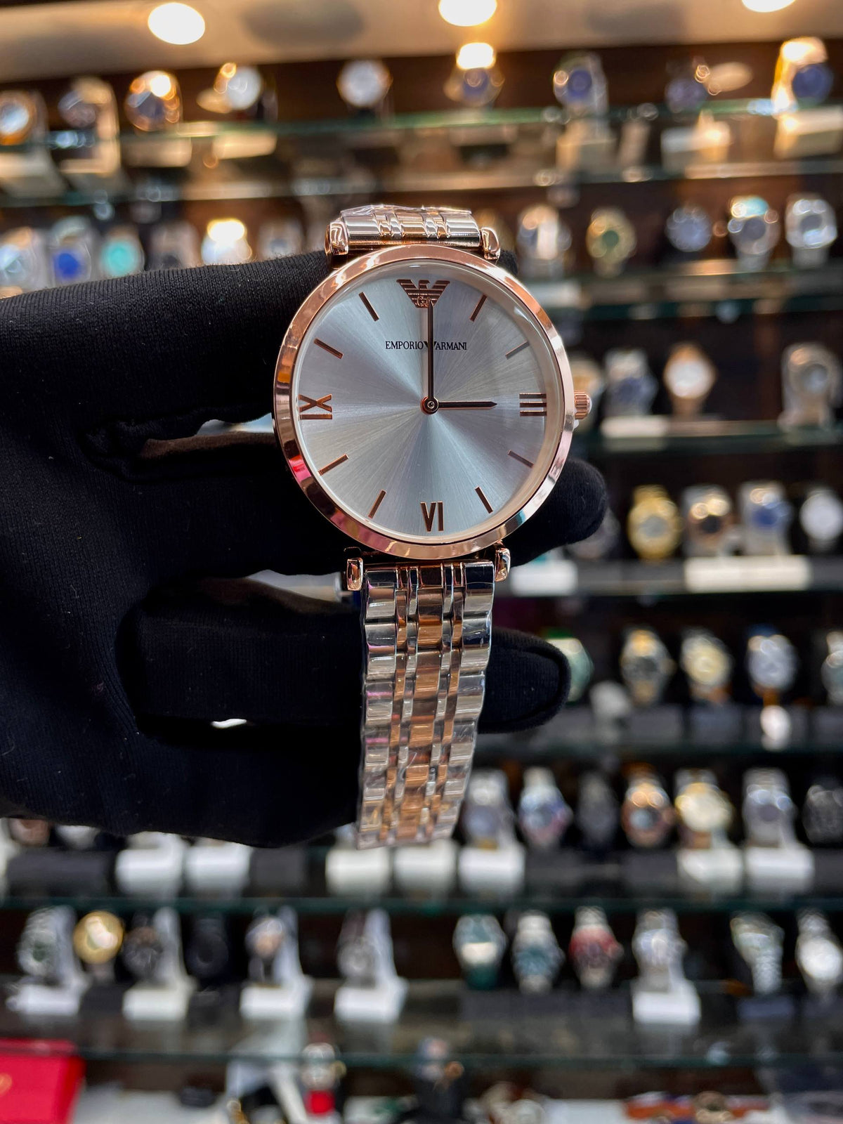 Emporio Armani Gianni T-Bar two-tone watch close up