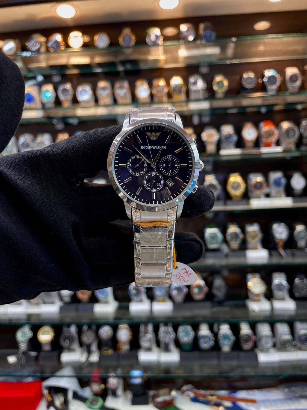 Emporio Armani navy blue dial watch for men front view