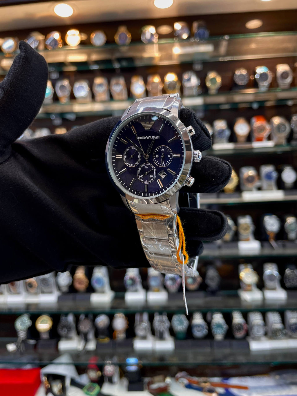 Emporio Armani navy blue men's watch side view