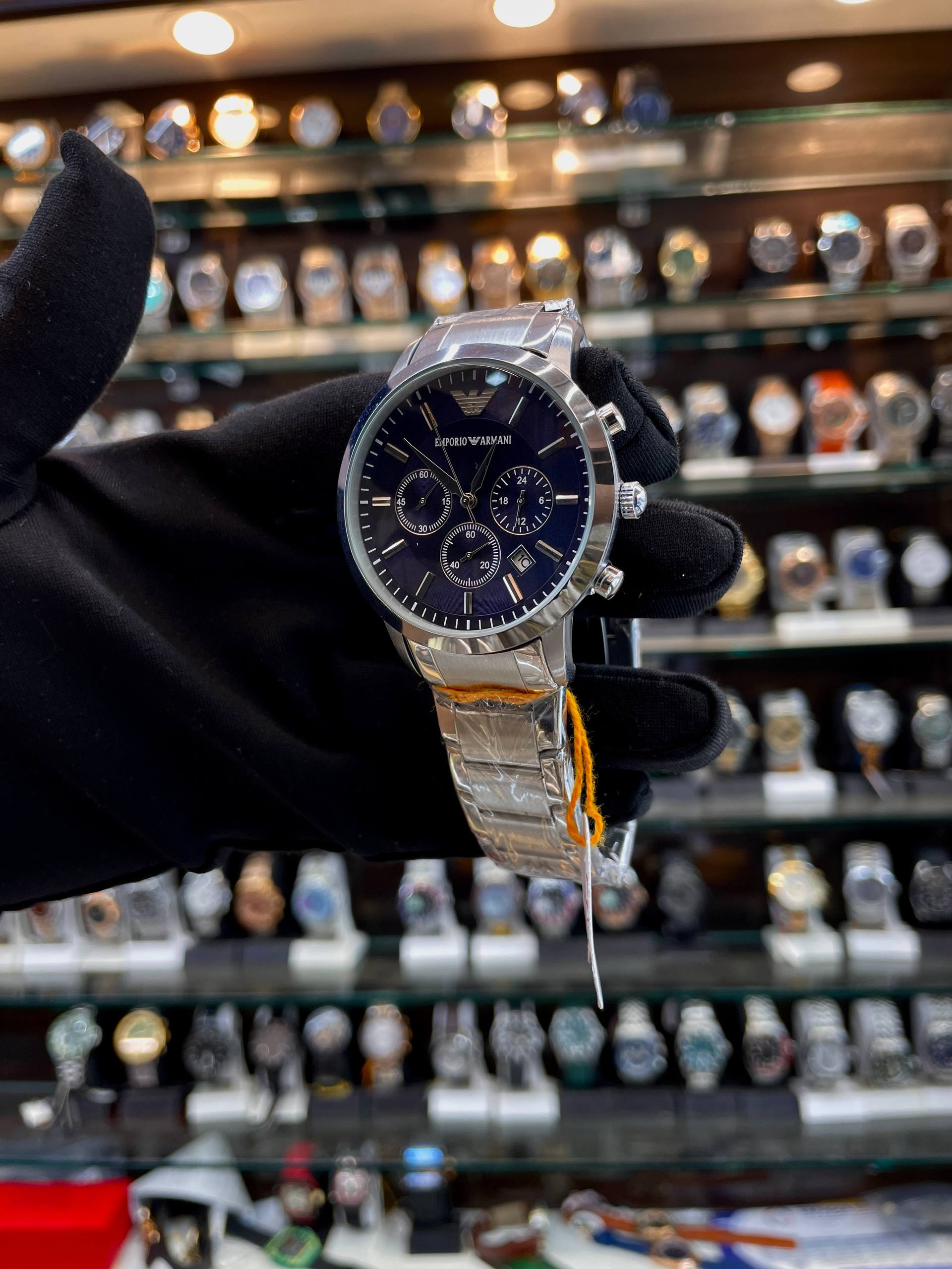 Emporio Armani navy blue men's watch side view