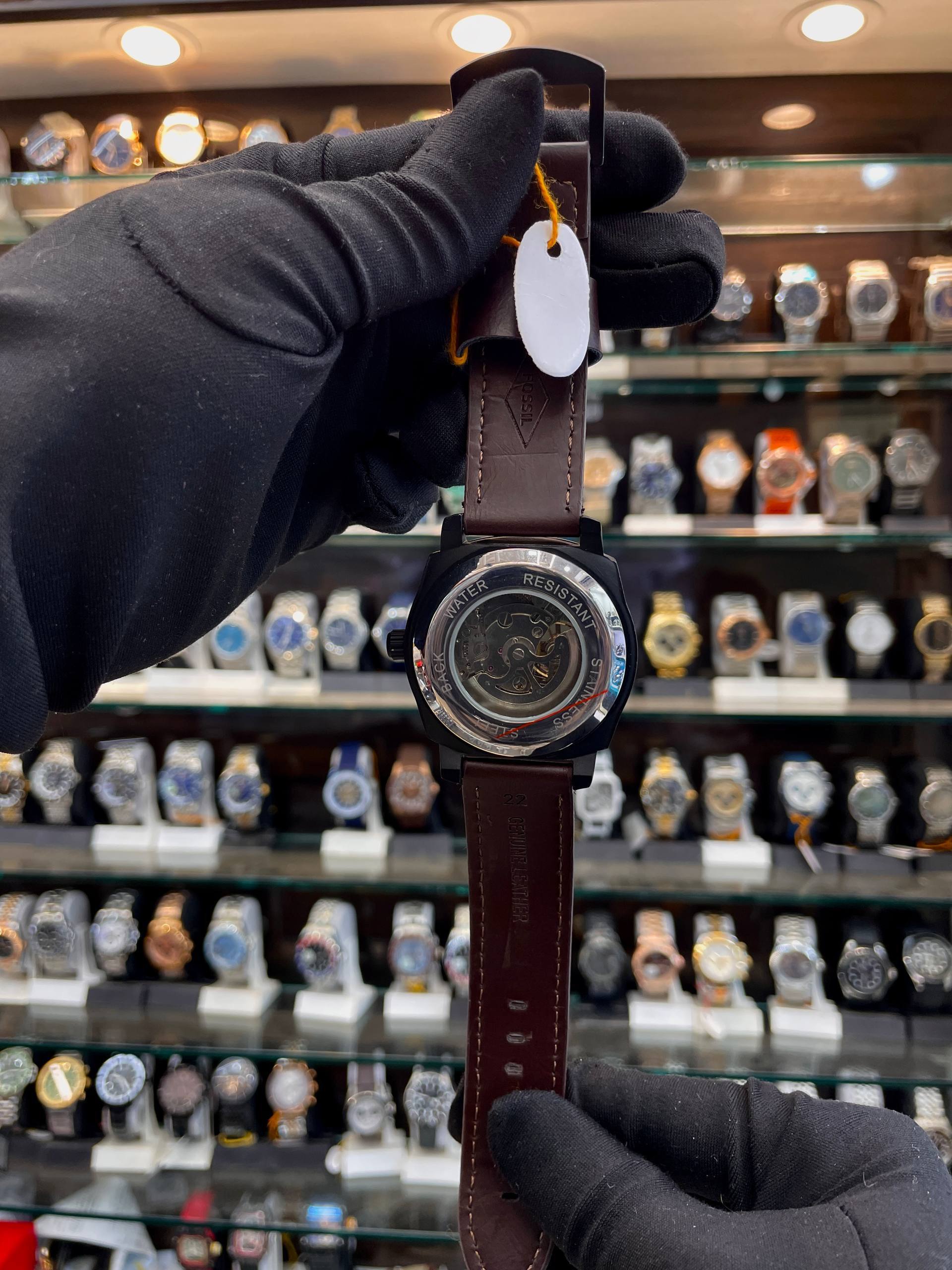 Fossil brown automatic men's watch back view