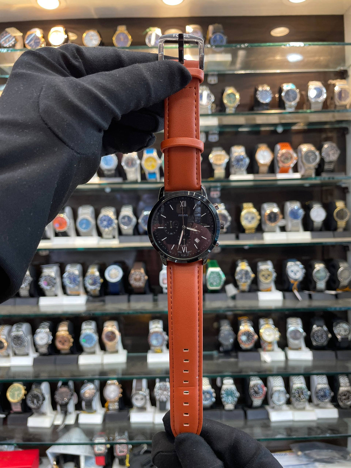 Fossil Chronograph Black Dial Leather Watch for Men