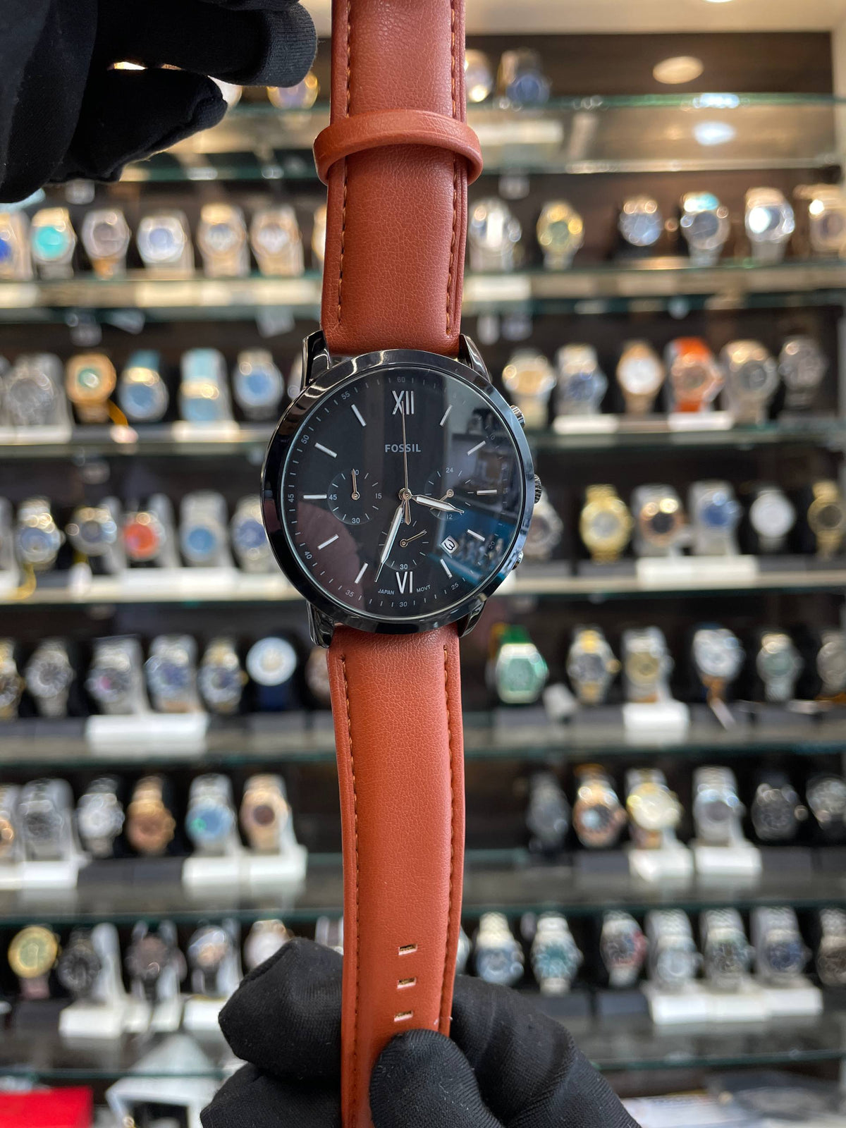 Fossil Chronograph Black Dial Leather Watch for Men