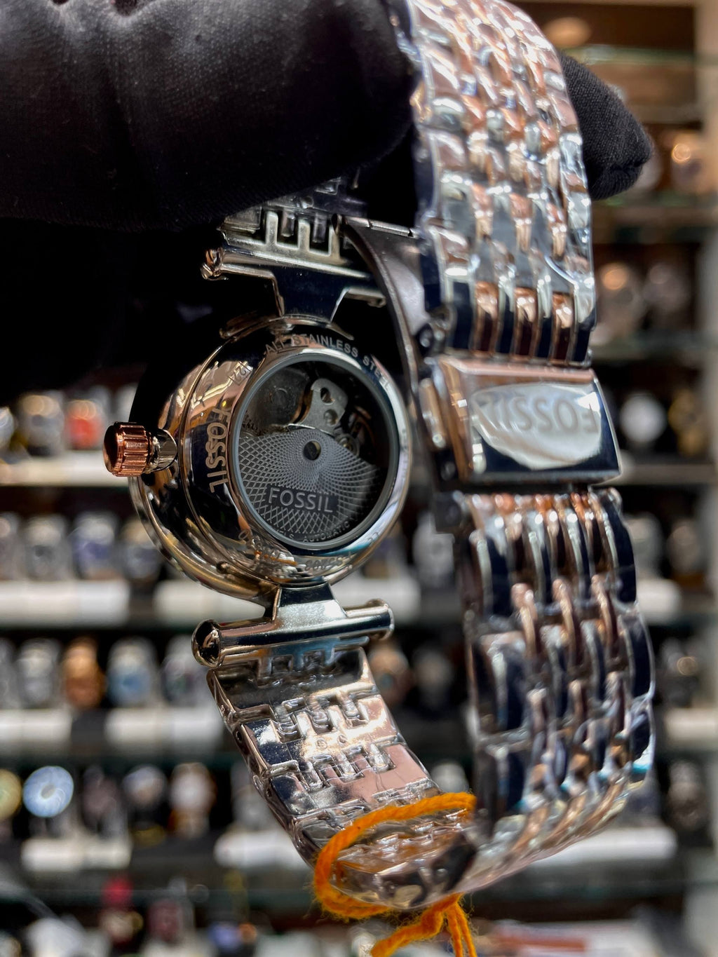 fossil dual tone automatic girls watch back view