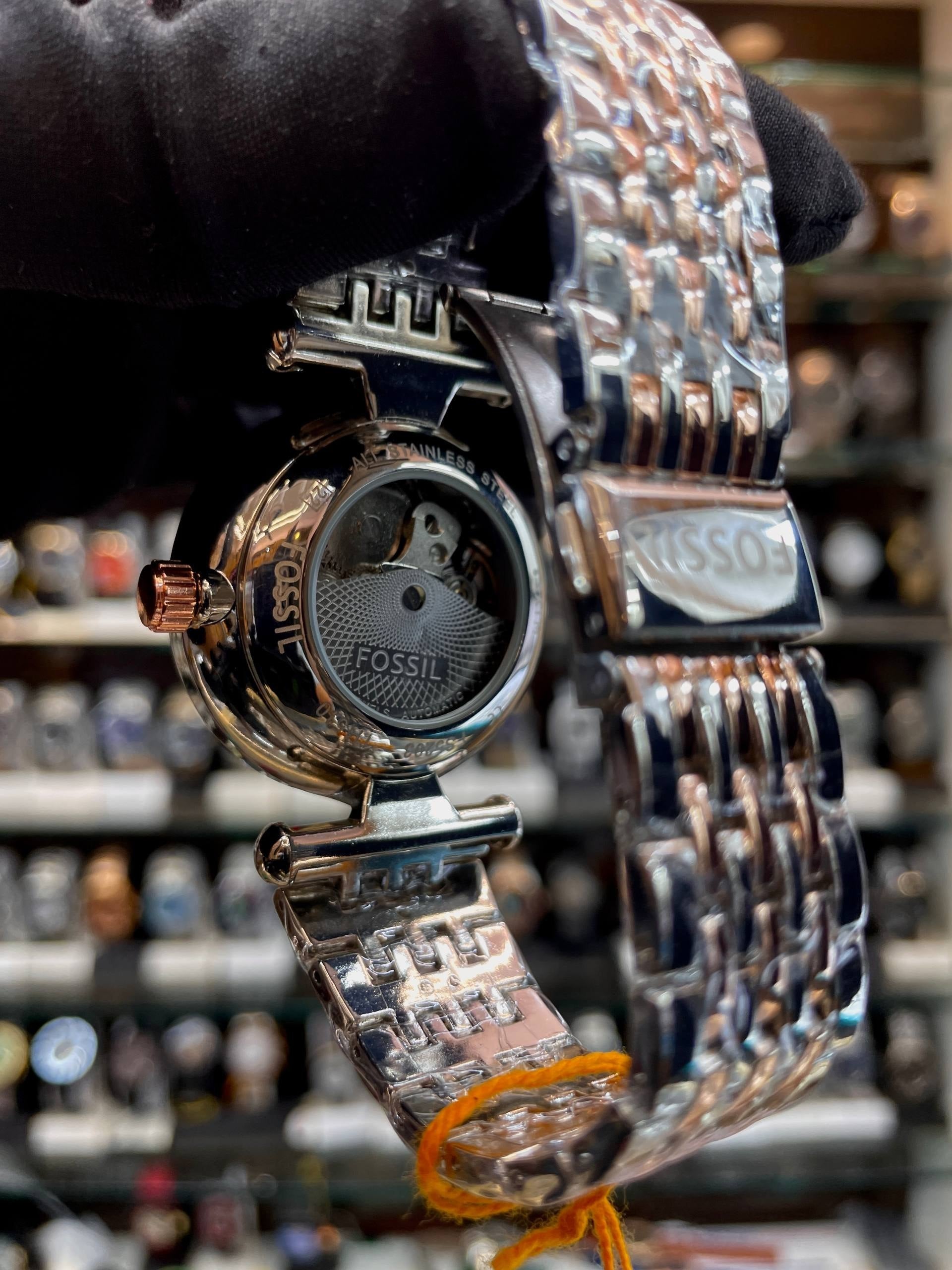 fossil dual tone automatic girls watch back view