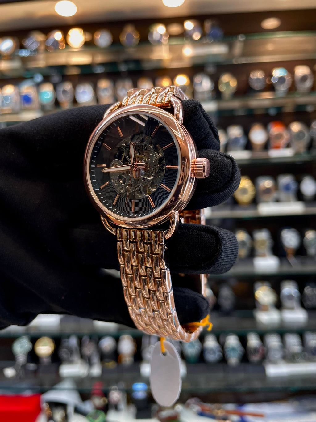 Fossil rose gold automatic girls watch side view