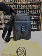Goyard black chevron pattern canvas crossbody messenger bag front view