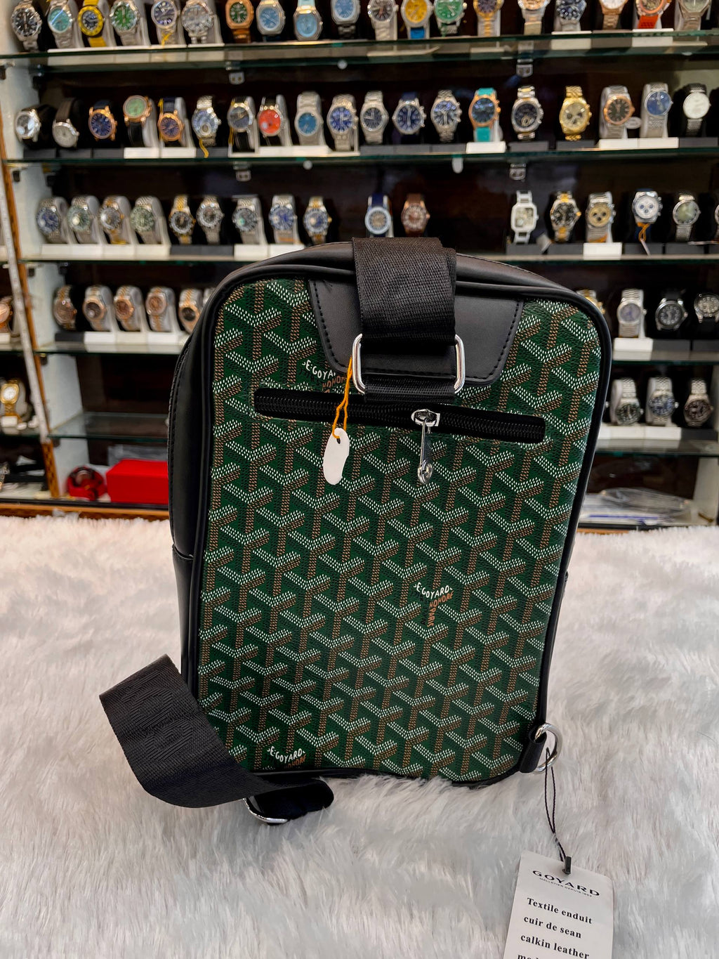 Goyard green chevron pattern canvas bag back view