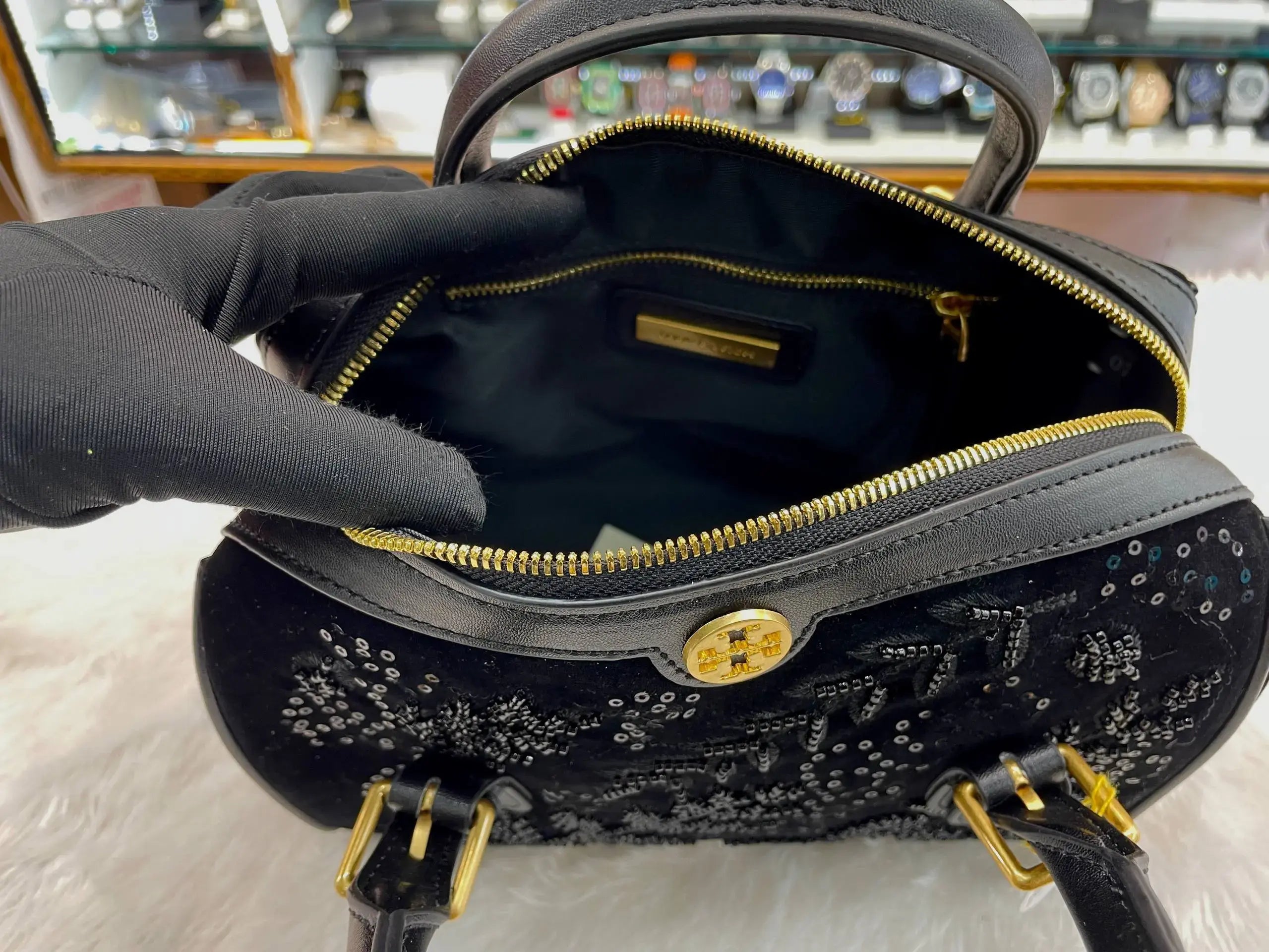 Tory burch t monogram embellished petite barrel bag in master piece