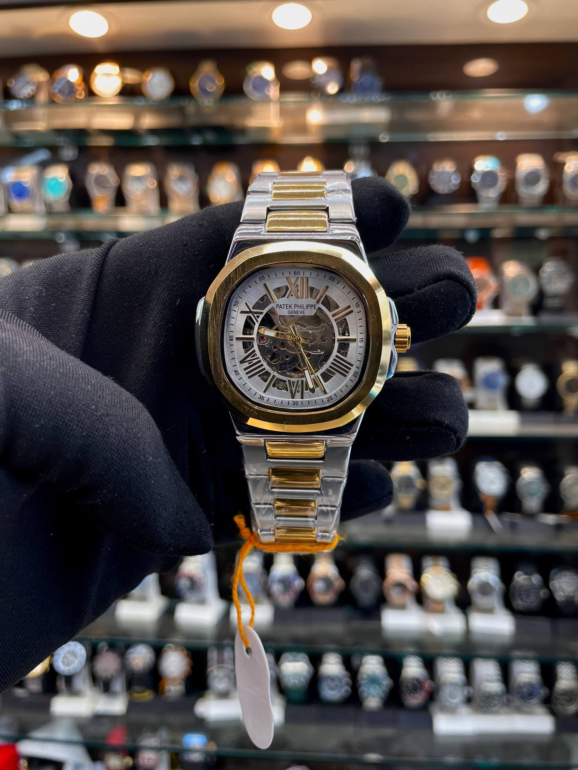 Patek Philippe automatic transparent white dial watch front view