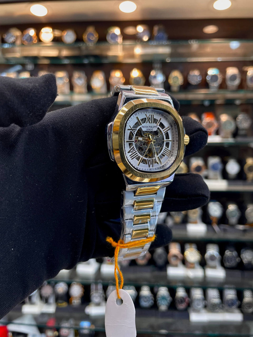 Patek Philippe transparent white dial watch angled view