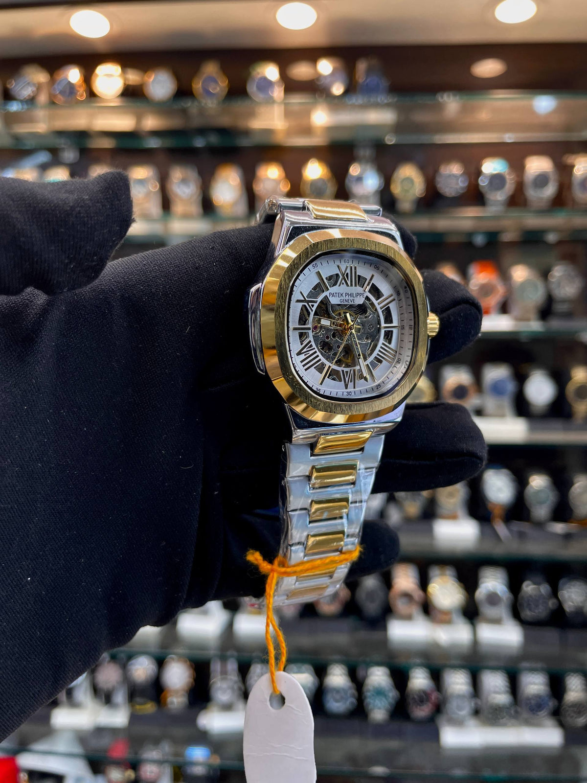 Patek Philippe transparent white dial watch angled view