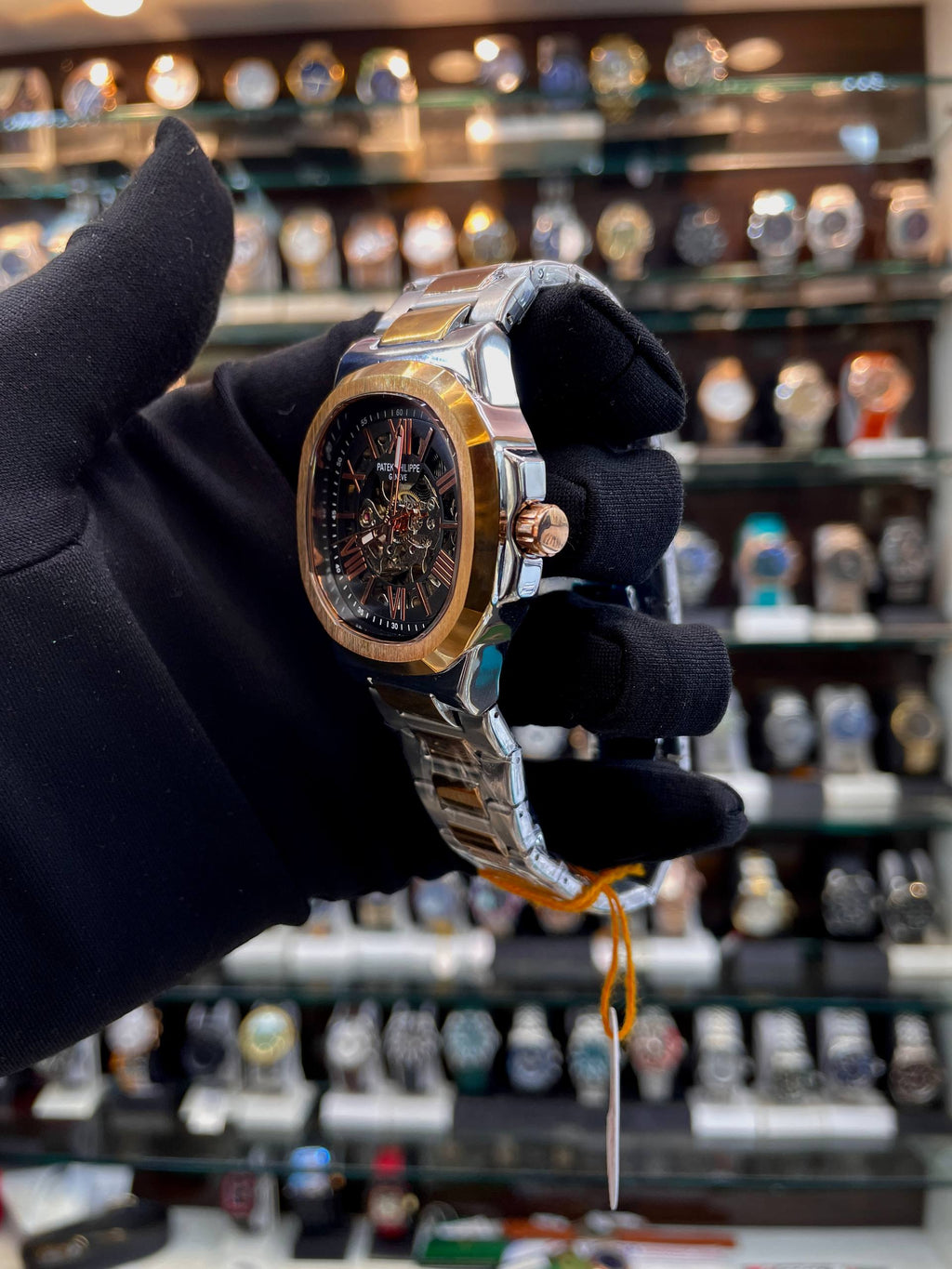Patek Philippe transparent black dial automatic watch side view