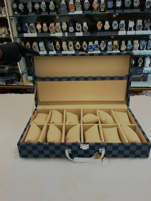 12pc briefcase watch organiser faux blue leather checkered body
