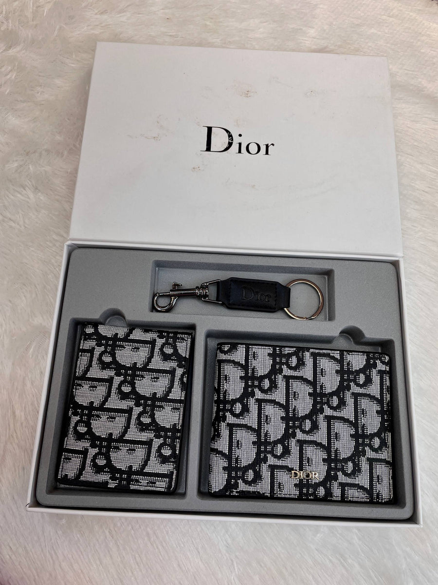 DIOR BLACK-AND-WHITE OBLIQUE JACQUARD WALLET COMBO SET