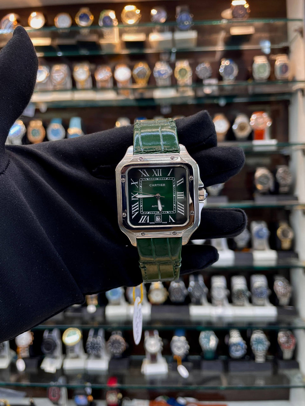 SANTOS DE CARTIER WATCH WITH GREEN 💚 DIAL 💗 IN LEATHER STRAP