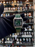 SANTOS DE CARTIER WATCH WITH GREEN 💚 DIAL 💗 IN LEATHER STRAP