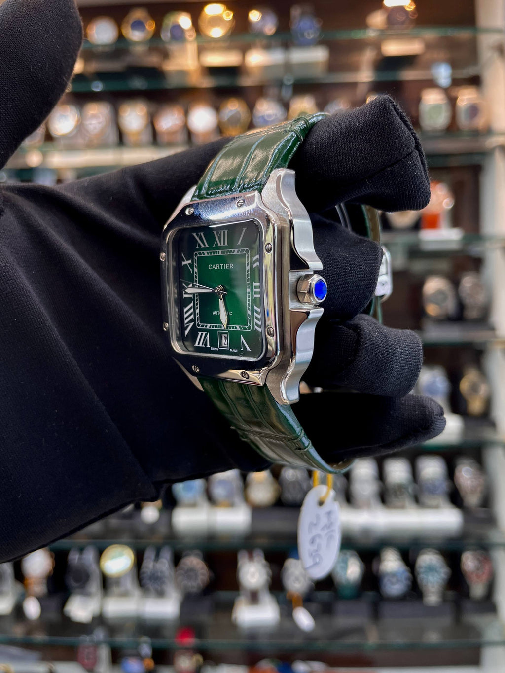SANTOS DE CARTIER WATCH WITH GREEN 💚 DIAL 💗 IN LEATHER STRAP