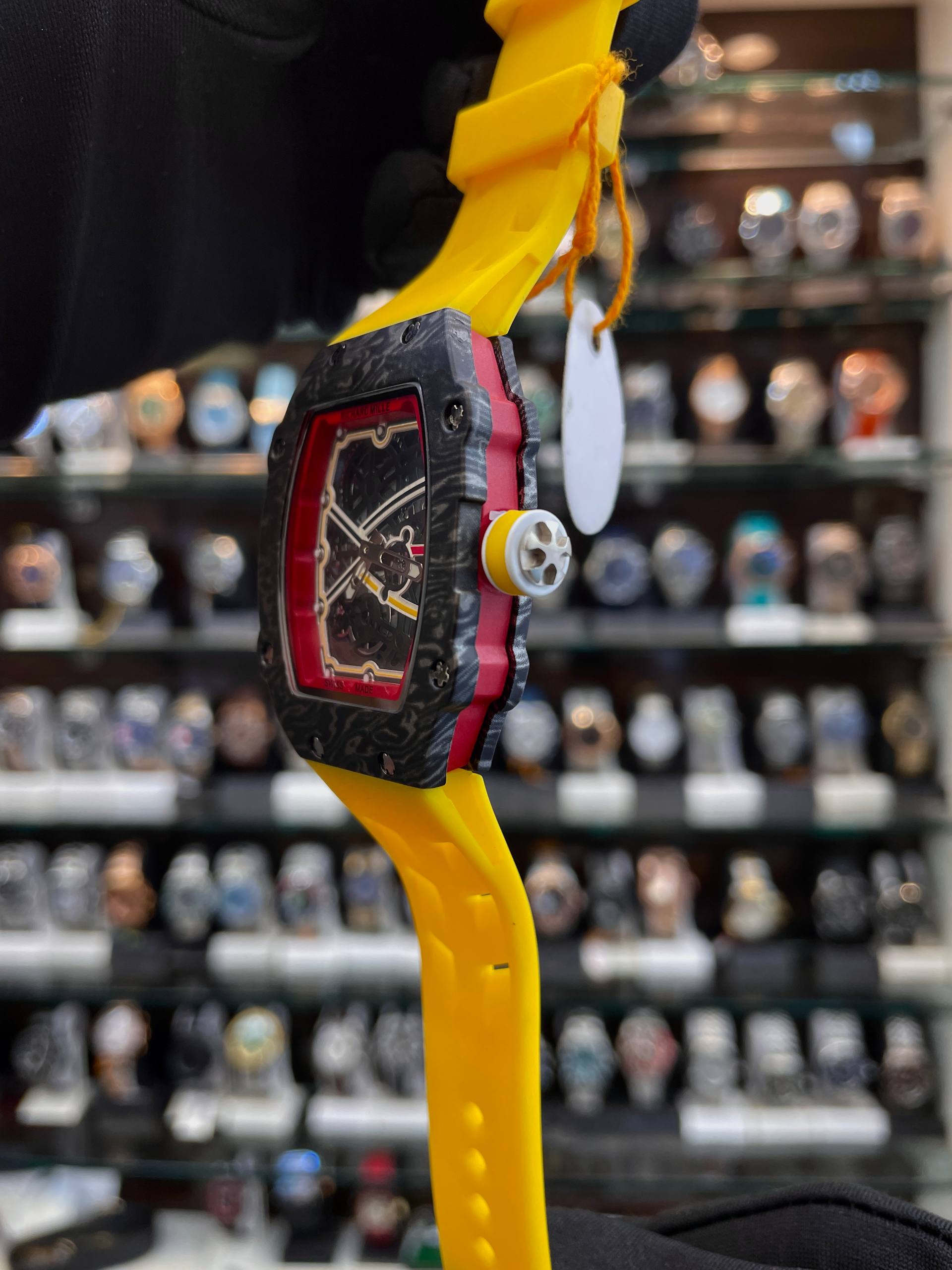 richard mille slim watch yellow side view