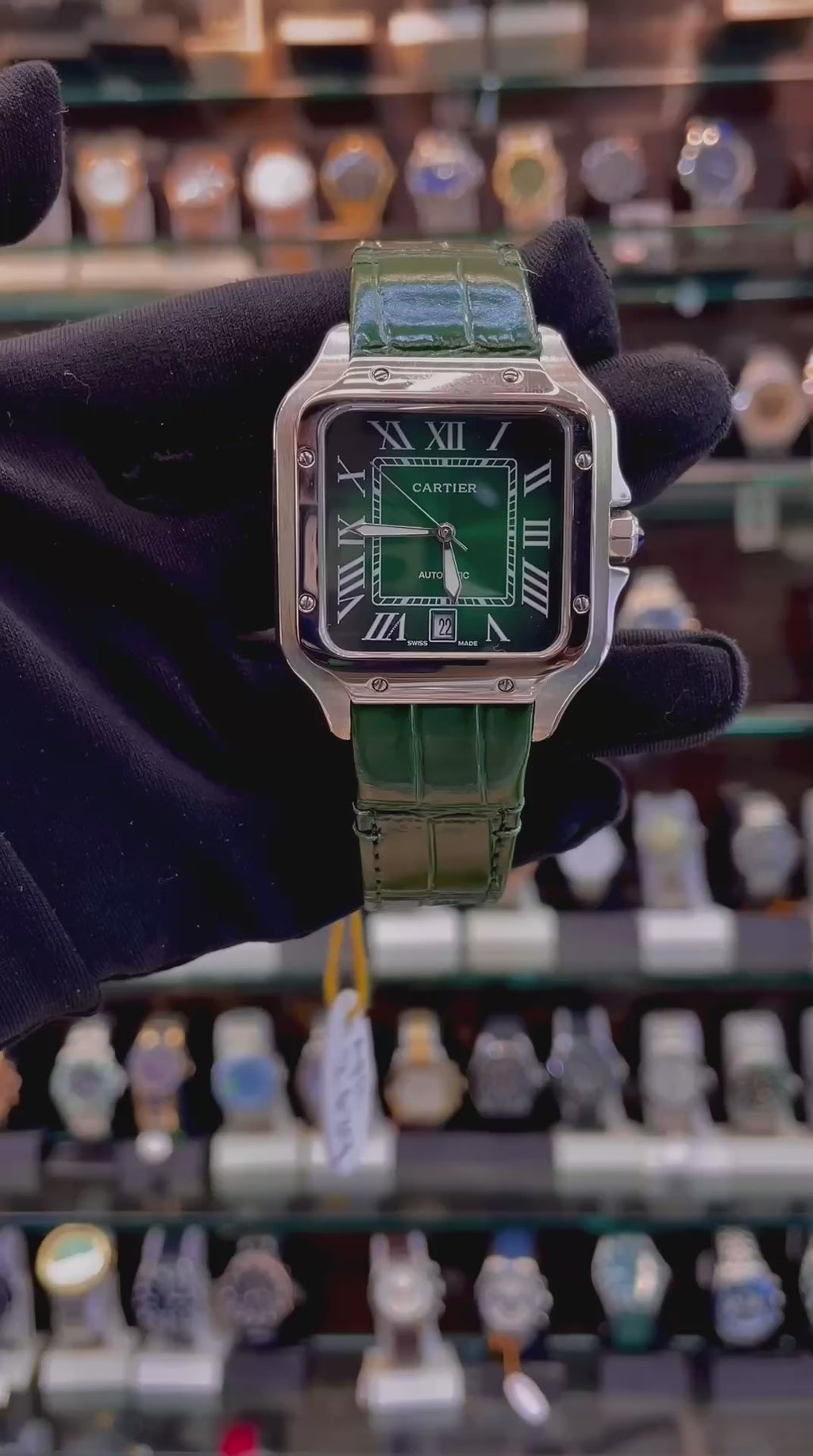 SANTOS DE CARTIER WATCH WITH GREEN 💚 DIAL 💗 IN LEATHER STRAP
