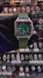 SANTOS DE CARTIER WATCH WITH GREEN 💚 DIAL 💗 IN LEATHER STRAP