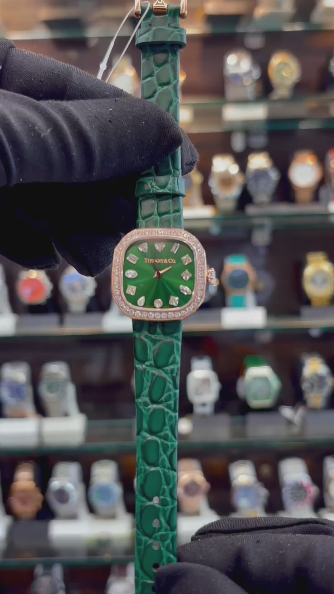 TIFFANY & CO ETERNITY GREEN  28 MM CUSHION-SHAPED WATCH WITH DIAMONDS