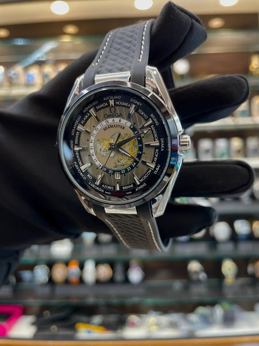 Omega seamaster world dial under budget for men black
