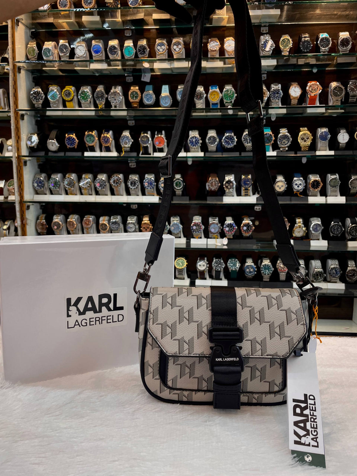KARL LAGERFELD GEOMETRIC MONOGRAM BUCKLE CROSSBODY BAG