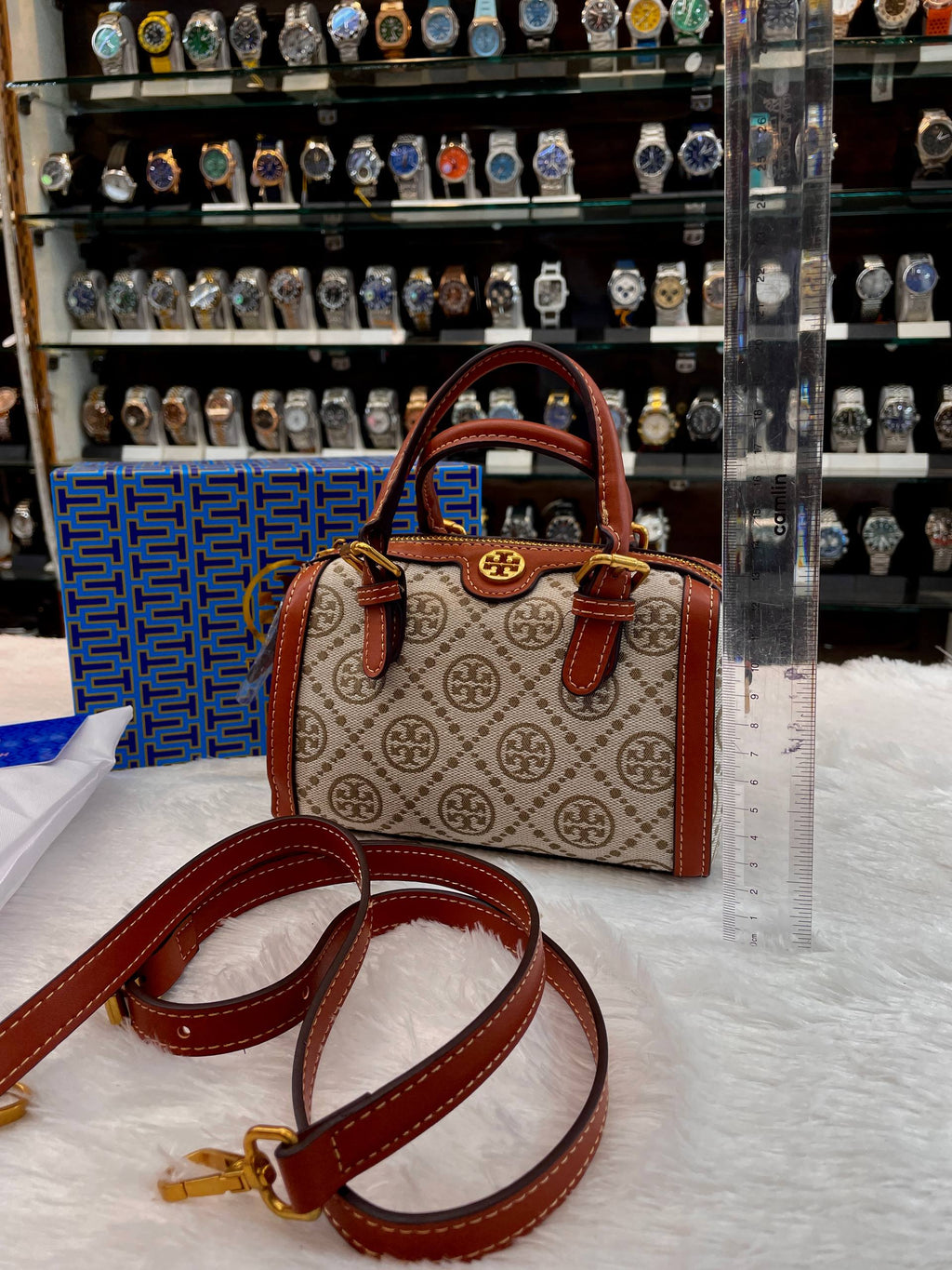 TORY BURCH T MONOGRAM PETITE BARREL BAG IN CREAM JACQUARD FABRIC
