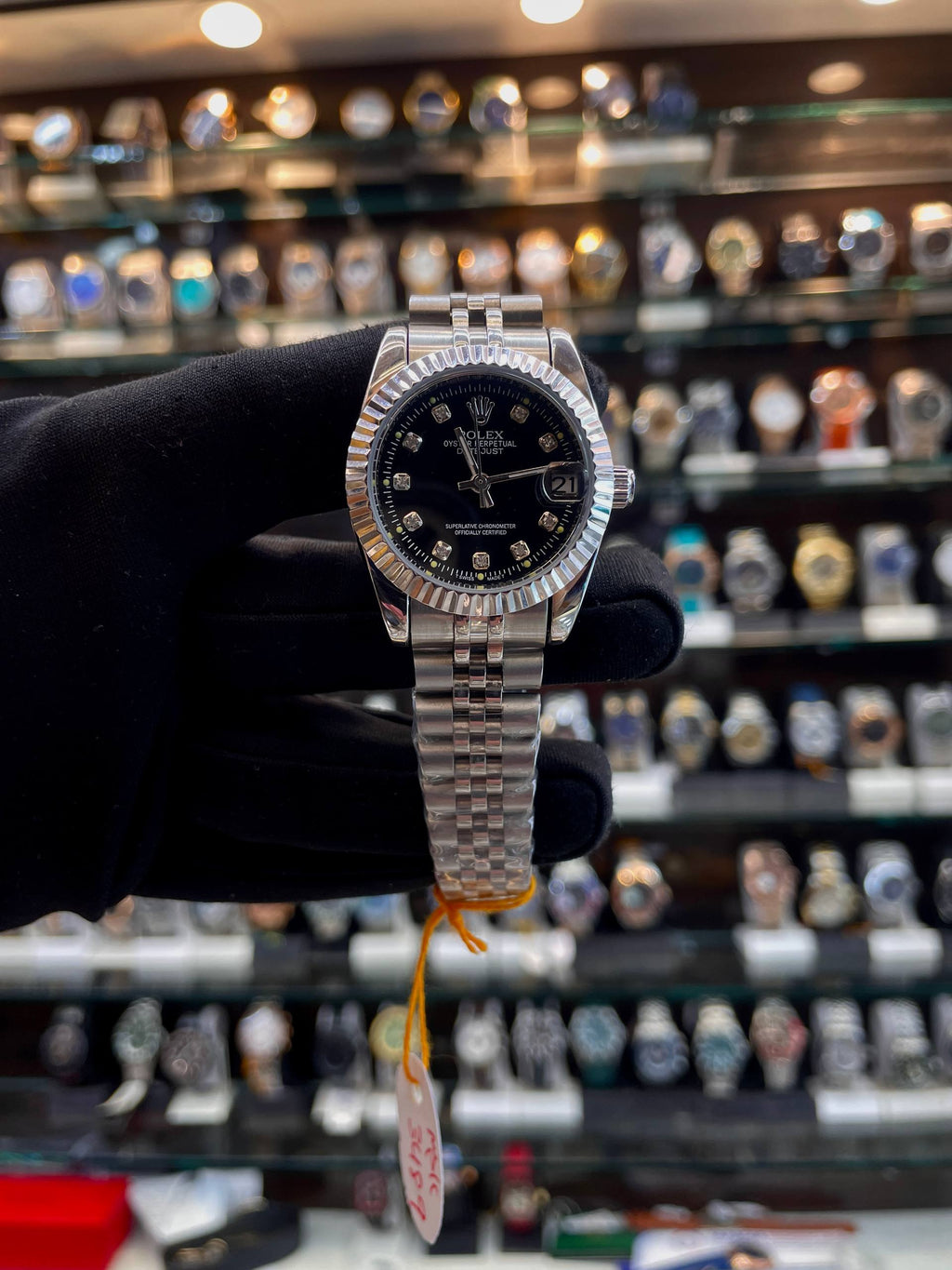 Rolex Datejust automatic black dial watch for girls front view
