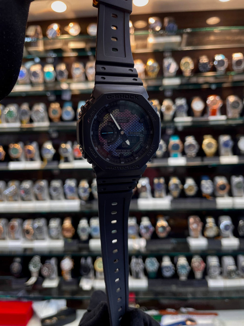 Casio GA-2100RW-1A rainbow dial angled view