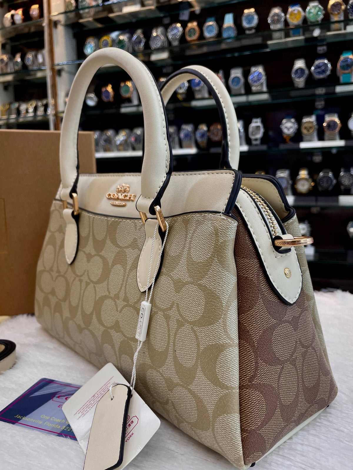 COACH DARCIE CARRYALL IN BLOCKED SIGNATURE CANVAS LIGHT KHAKI