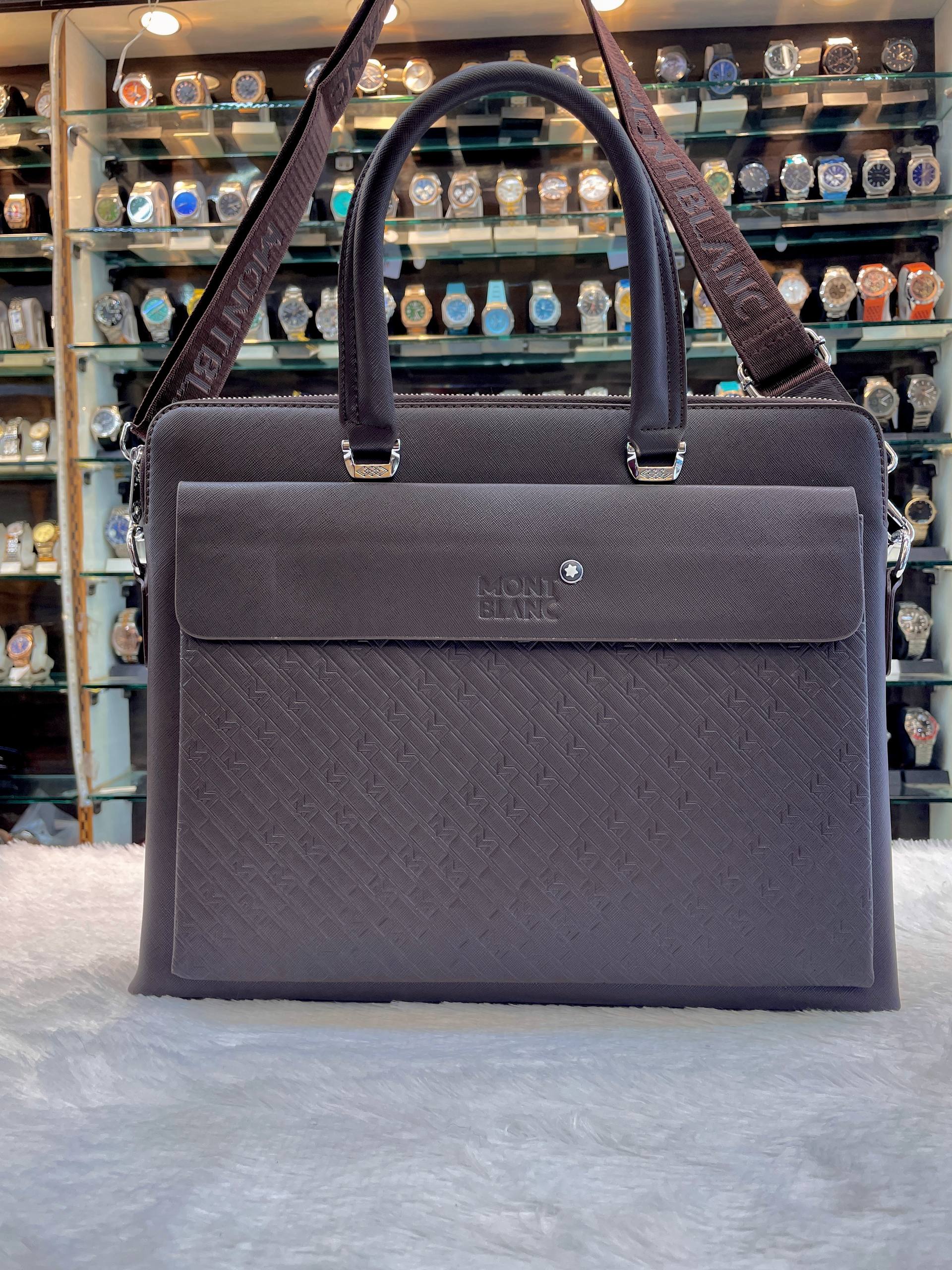 MONT BLANC LAPTOP BAG IN HEAVY QUALITY FLIP POCKET FOR MENS DARK 🌑 BROWN 🤎