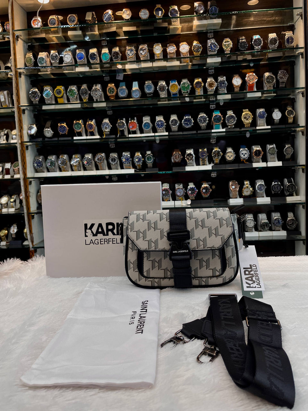 KARL LAGERFELD GEOMETRIC MONOGRAM BUCKLE CROSSBODY BAG