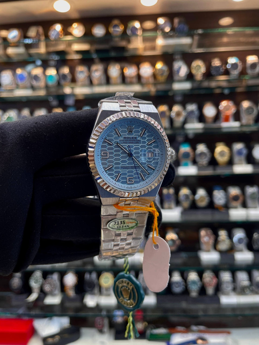 Rolex Land-Dweller blue watch angled view