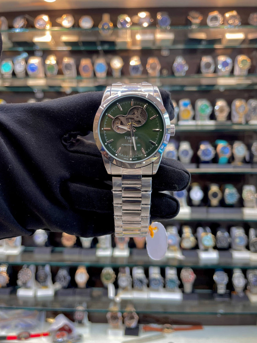TISSOT POWERMATIC 80 NOW IN AUTOMATIC ⚙️ GREEN 💚 SILVER 🥈 STAINLESS BODY & CHAIN ⛓️