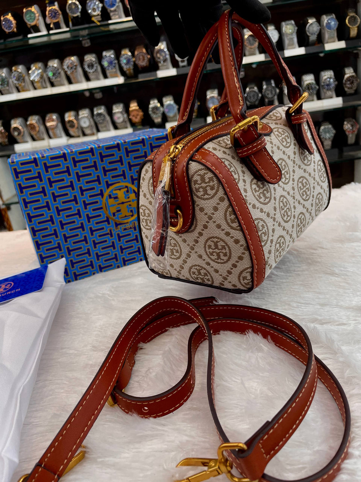 TORY BURCH T MONOGRAM PETITE BARREL BAG IN CREAM JACQUARD FABRIC