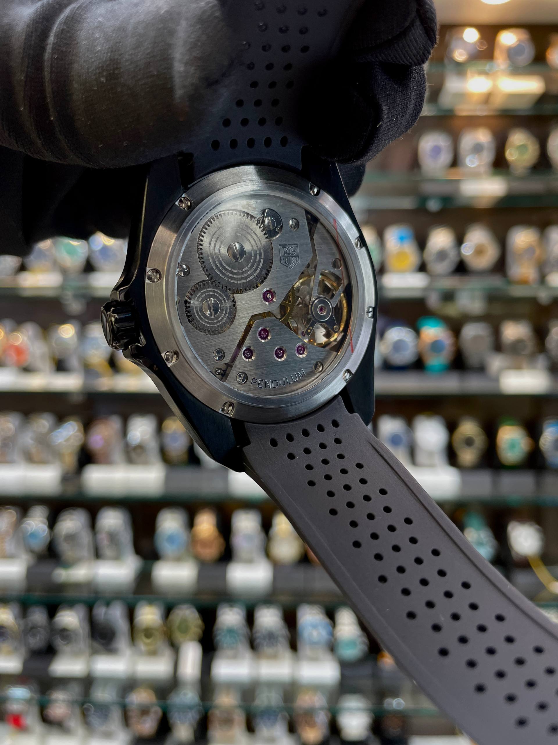 TAG HEUER GRAND CARRERA PENDULUM WATCH 49MM IN MASTER PIECE 🤩BLACK 🖤 TRANSPARENT DIAL 🤩