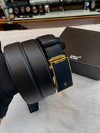 MONT BLANC MEN'S BLACK 🖤 LEATHER BELT WITH A GOLD BUCKLE. MASTER PIECE 🤩