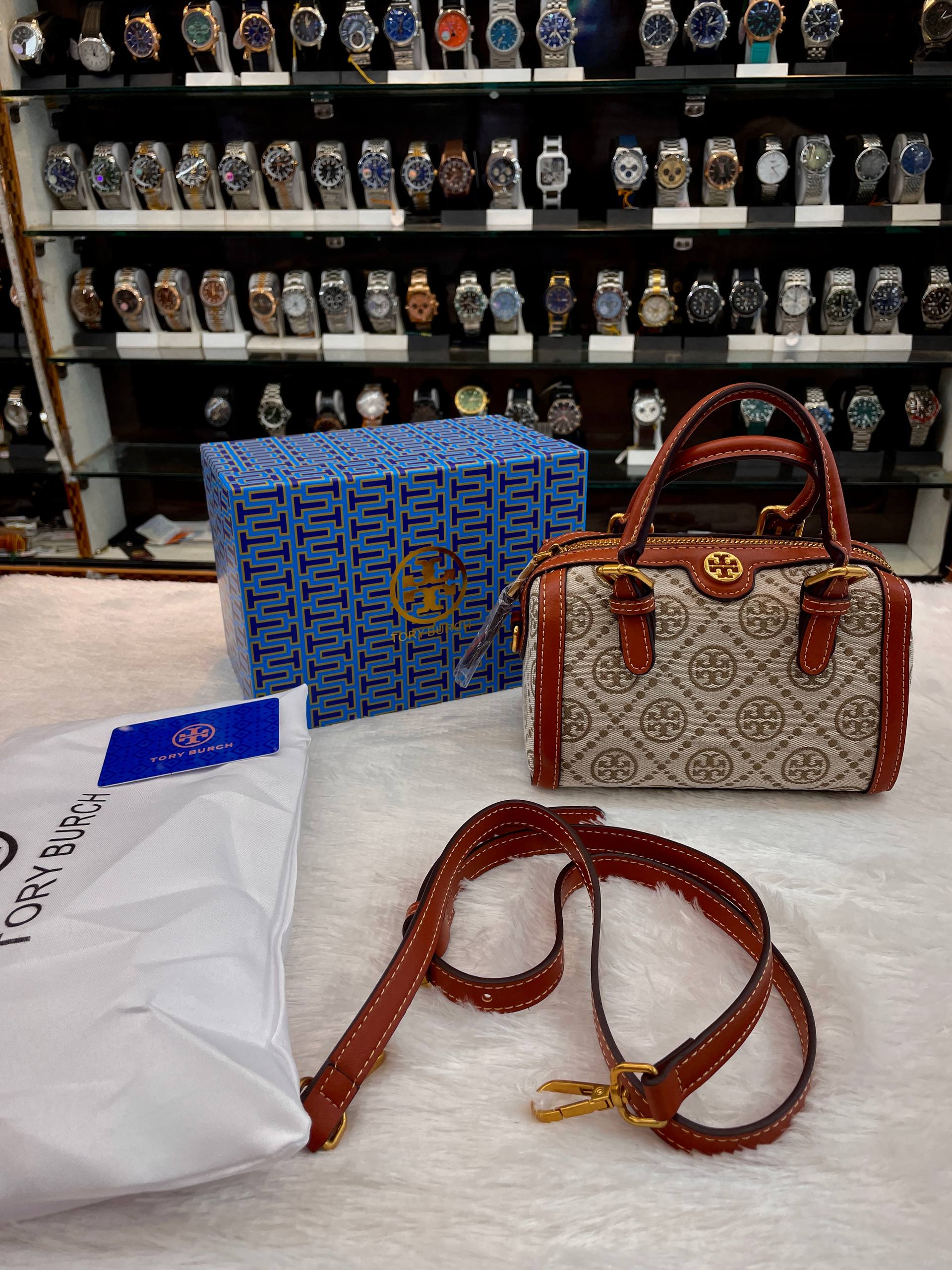 TORY BURCH T MONOGRAM PETITE BARREL BAG IN CREAM JACQUARD FABRIC