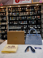 COACH DARCIE CARRYALL IN BLOCKED SIGNATURE CANVAS SKY BLUE 